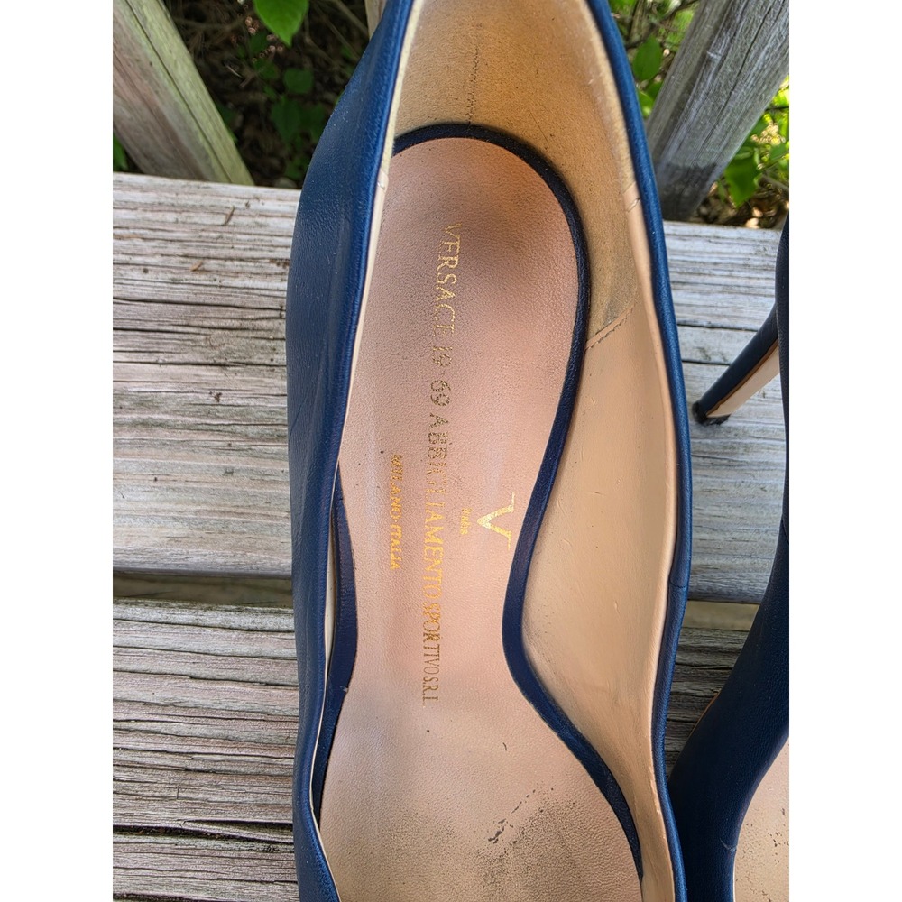 Versace 1969 Navy Blue Leather Pointed Toe Stiletto Pumps Made in Italy Size 37 - Picture 5 of 11
